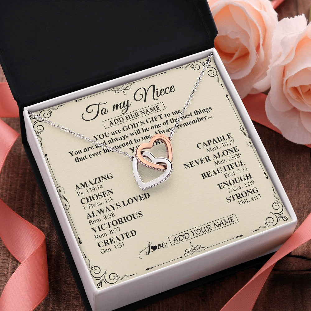 Interlocking Hearts Necklace Stainless Steel & Rose Gold Finish | 2 | Personalized To My Niece Gifts Necklace From Aunt Uncle You Are God's Gift To Me Aunt Niece Birthday Gifts Christmas Christian Custom Gift Box Message Card | https://teecentury.