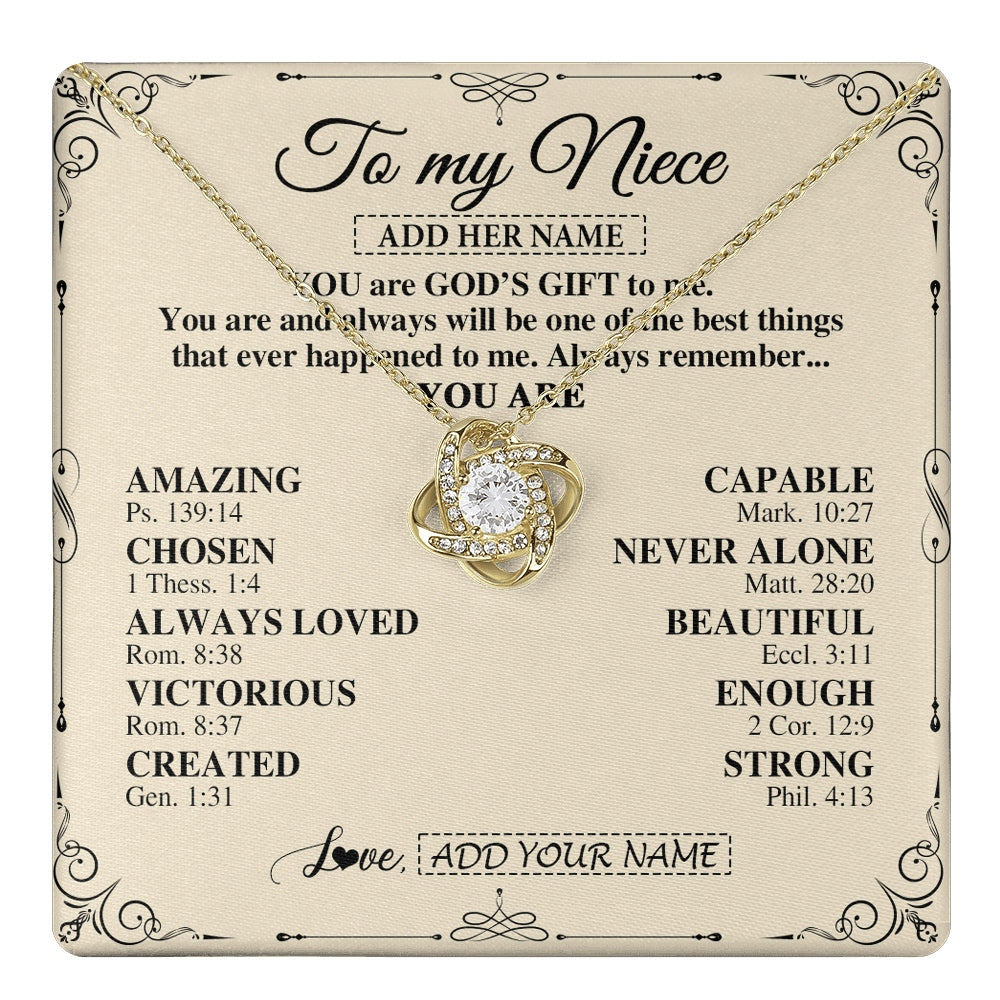 Love Knot Necklace 18K Yellow Gold Finish | 1 | Personalized To My Niece Gifts Necklace From Aunt Uncle You Are God's Gift To Me Aunt Niece Birthday Gifts Christmas Christian Custom Gift Box Message Card | https://teecentury.