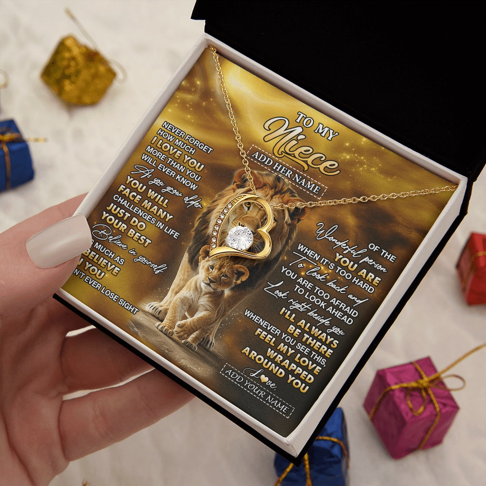 Forever Love Necklace 18K Yellow Gold Finish | 2 | Personalized To My Niece Gifts Necklace From Uncle Never Forget How Much I Love You Lion Niece Birthday Gifts Christmas Custom Gift Box Message Card | https://teecentury.