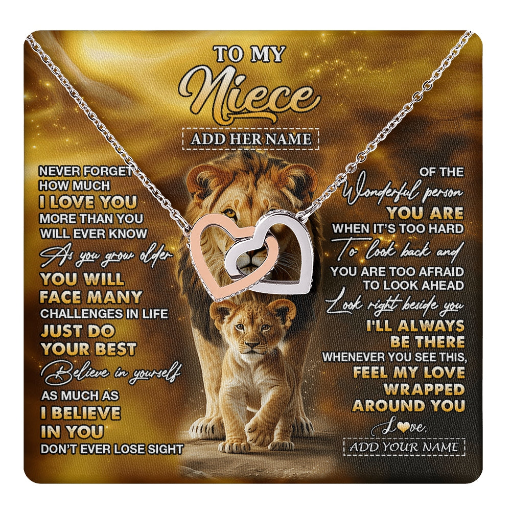 Interlocking Hearts Necklace Stainless Steel & Rose Gold Finish | 1 | Personalized To My Niece Gifts Necklace From Uncle Never Forget How Much I Love You Lion Niece Birthday Gifts Christmas Custom Gift Box Message Card | https://teecentury.