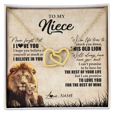 Interlocking Hearts Necklace 18K Yellow Gold Finish | Personalized To My Niece Gifts Necklace From Uncle Old Lion Niece Jewelry Birthday Gifts Graduation Christmas Customized Gift Box Message Card | teecentury