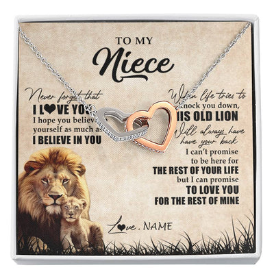 Interlocking Hearts Necklace Stainless Steel & Rose Gold Finish | Personalized To My Niece Gifts Necklace From Uncle Old Lion Niece Jewelry Birthday Gifts Graduation Christmas Customized Gift Box Message Card | teecentury