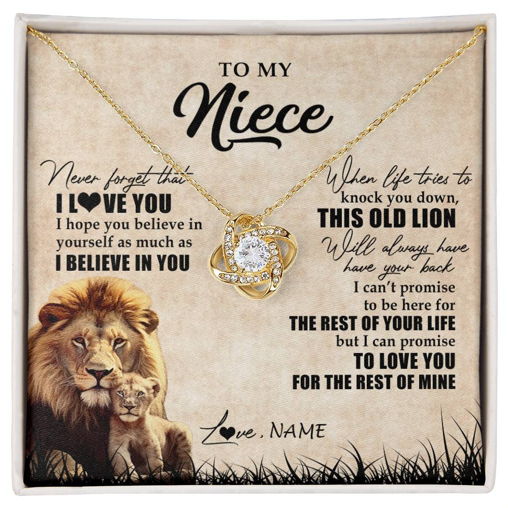 Love Knot Necklace 18K Yellow Gold Finish | Personalized To My Niece Gifts Necklace From Uncle Old Lion Niece Jewelry Birthday Gifts Graduation Christmas Customized Gift Box Message Card | teecentury