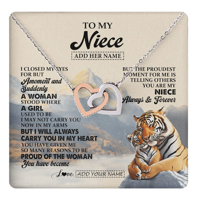 Interlocking Hearts Necklace Stainless Steel & Rose Gold Finish | 1 | Personalized To My Niece Gifts Necklace Tiger From Aunt Uncle Auntie You Are My Niece Birthday Gifts Graduation Christmas Custom Gift Box Message Card | https://teecentury.