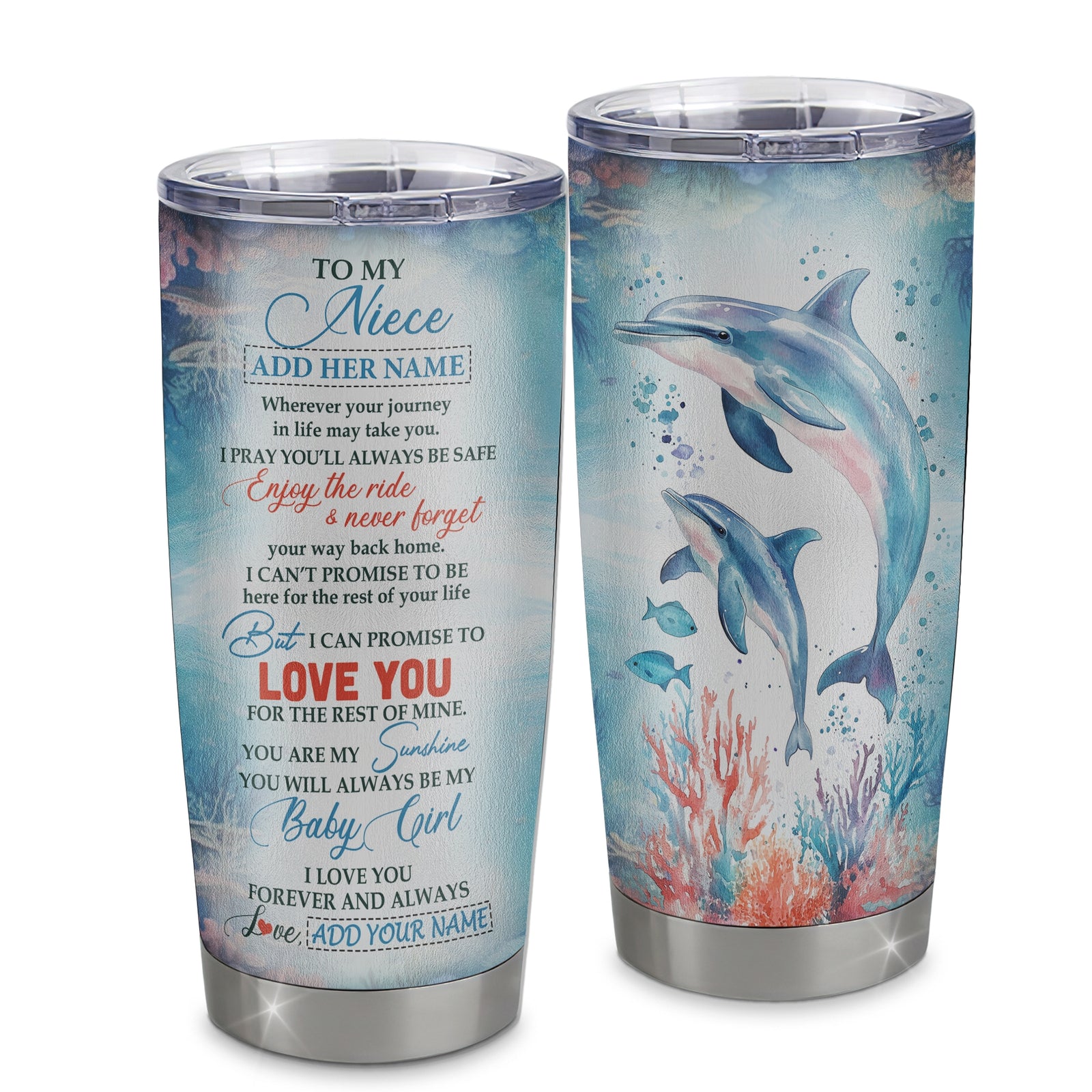Personalized To My Niece Gifts Tumbler Dolphin From Aunt Uncle My Sunshine Baby Girl Niece Birthday Gift Christmas Graduation Customized Stainless Steel Insulated Mug | teecentury