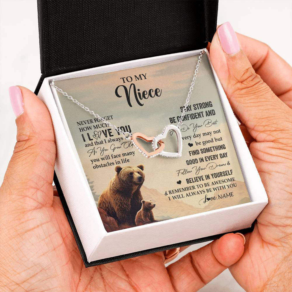 Interlocking Hearts Necklace Stainless Steel & Rose Gold Finish | 2 | Personalized To My Niece I Love You Forever Necklace From Aunt Uncle Bear Niece Birthday Gifts Jewelry Graduation Christmas Customized Gift Box Message Card | teecentury