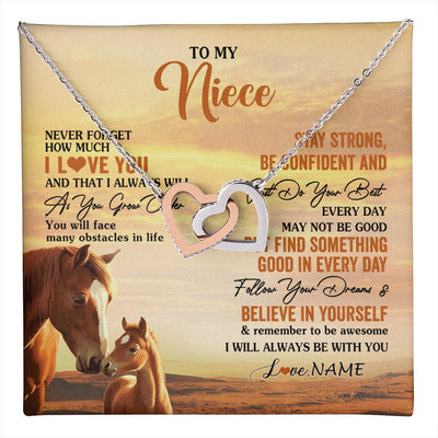Interlocking Hearts Necklace Stainless Steel & Rose Gold Finish | 1 | Personalized To My Niece I Love You Forever Necklace From Uncle Aunt Auntie Horse Niece Birthday Gifts Graduation Christmas Customized Gift Box Message Card | teecentury