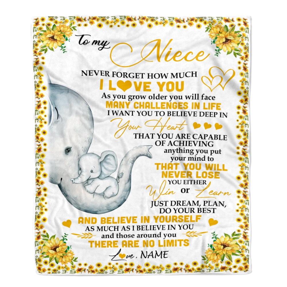 Personalized To My Niece I Love You From Aunt Auntie Uncle Sunflower Elephant Niece Birthday Christmas Thanksgiving Graduation Customized Fleece Blanket Blanket | Teecentury.com