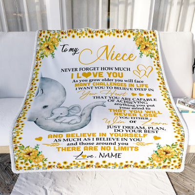 Personalized To My Niece I Love You From Aunt Auntie Uncle Sunflower Elephant Niece Birthday Christmas Thanksgiving Graduation Customized Fleece Blanket Blanket | Teecentury.com