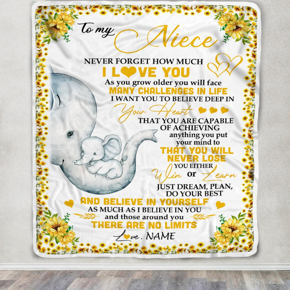 Personalized To My Niece I Love You From Aunt Auntie Uncle Sunflower Elephant Niece Birthday Christmas Thanksgiving Graduation Customized Fleece Blanket Blanket | Teecentury.com