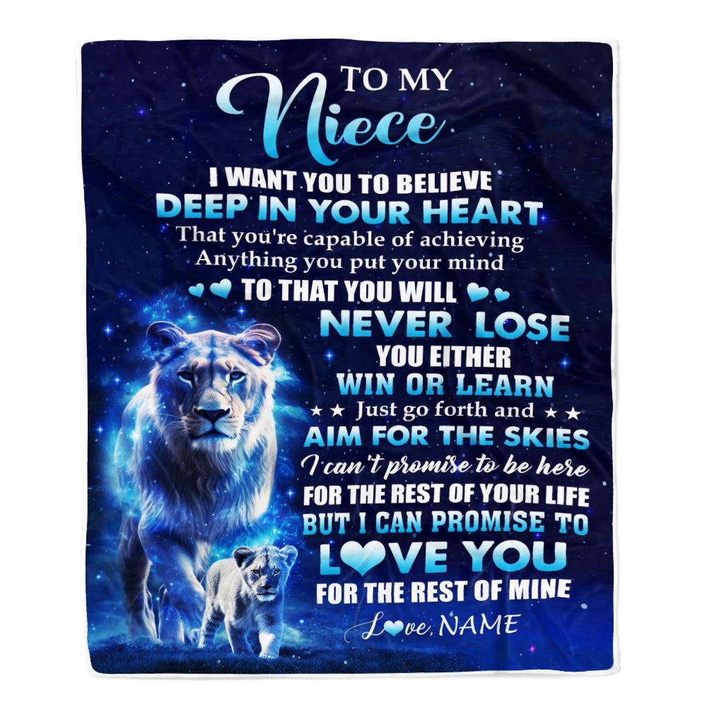 Personalized To My Niece Lion From Aunt Auntie Blanket Believe Your Heart Niece Gift Birthday Graduation Christmas Custom Customized Fleece Throw Blanket | teecentury
