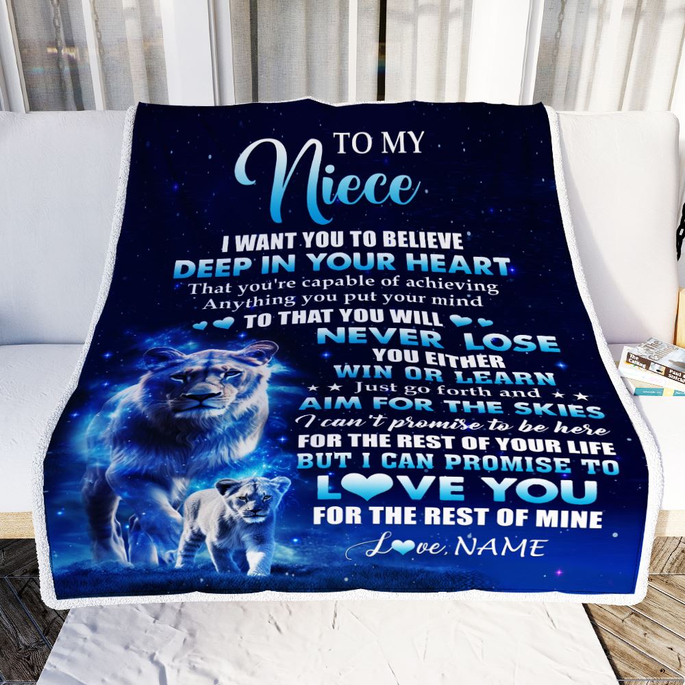 Personalized To My Niece Lion From Aunt Auntie Blanket Believe Your Heart Niece Gift Birthday Graduation Christmas Custom Customized Fleece Throw Blanket | teecentury