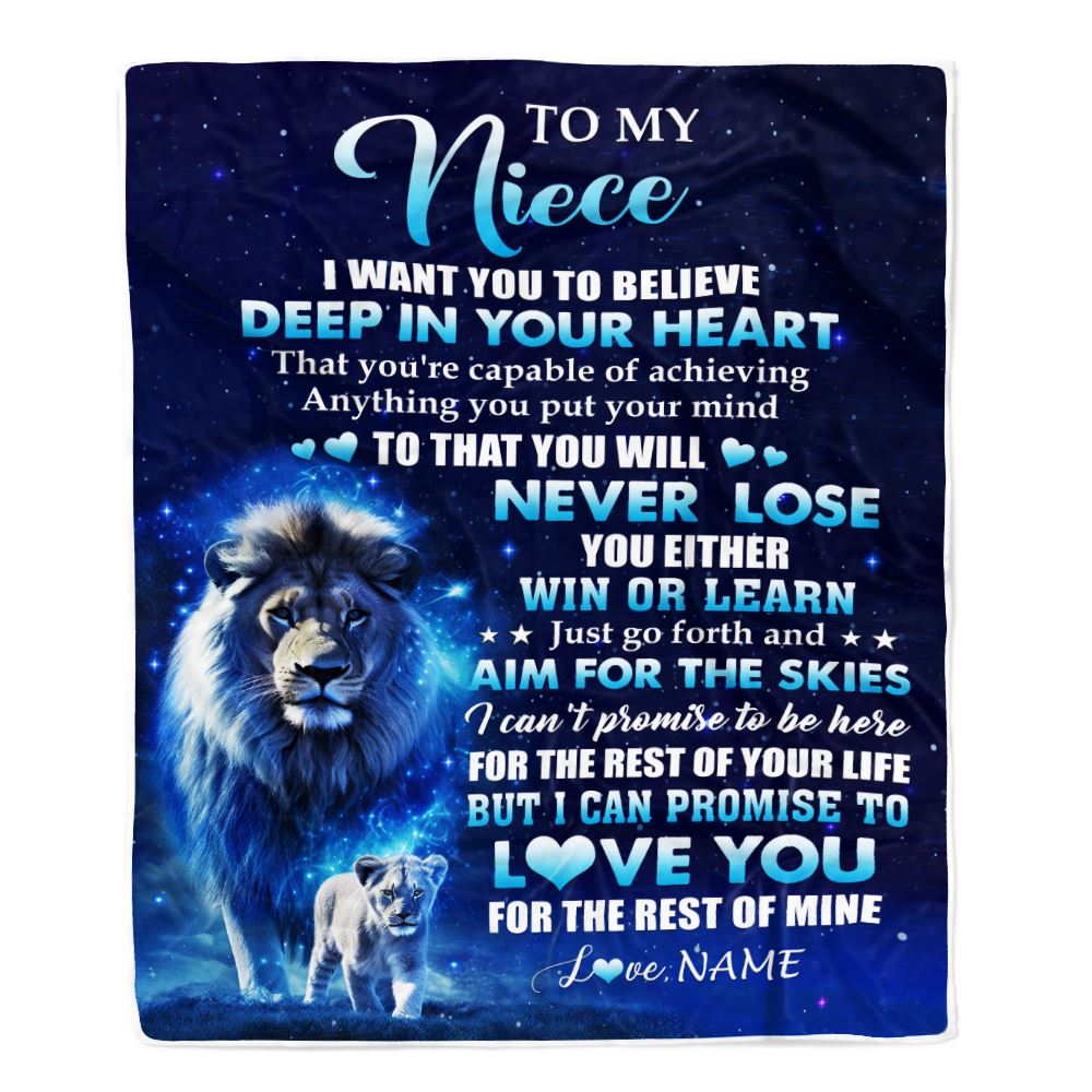 Personalized To My Niece Lion From Uncle Blanket Believe Your Heart Niece Gift Birthday Graduation Christmas Custom Customized Fleece Throw Blanket | teecentury