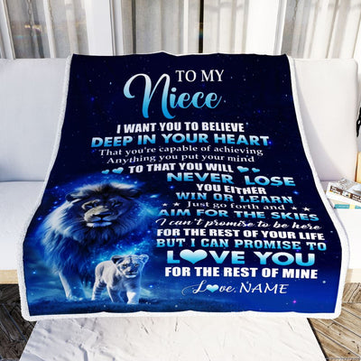 Personalized To My Niece Lion From Uncle Blanket Believe Your Heart Niece Gift Birthday Graduation Christmas Custom Customized Fleece Throw Blanket | teecentury