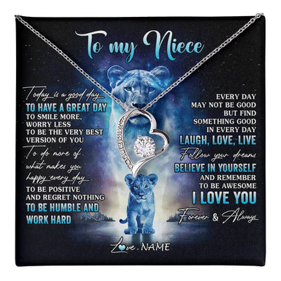 Forever Love Necklace 14K White Gold Finish | 1 | Personalized To My Niece Lion Necklace From Aunt Auntie Every Day Laugh Love Live Niece Birthday Graduation Christmas Customized Gift Box Message Card | teecentury