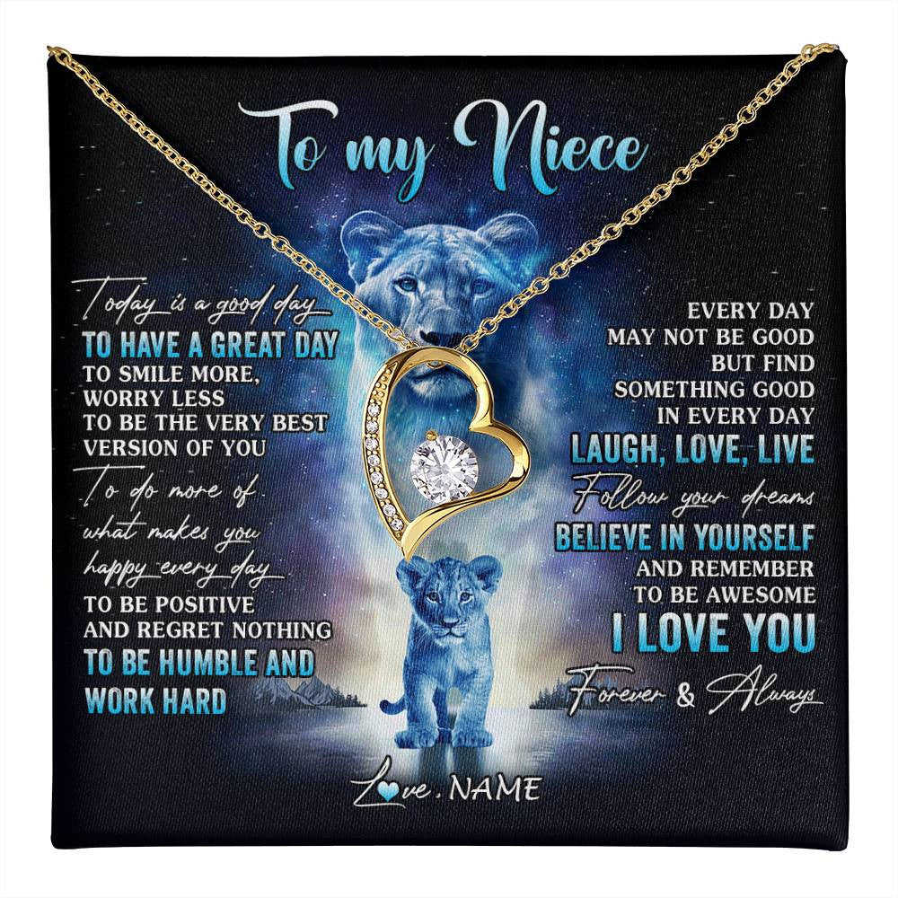 Forever Love Necklace 18K Yellow Gold Finish | 1 | Personalized To My Niece Lion Necklace From Aunt Auntie Every Day Laugh Love Live Niece Birthday Graduation Christmas Customized Gift Box Message Card | teecentury