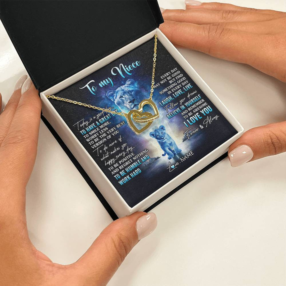 Interlocking Hearts Necklace 18K Yellow Gold Finish | 2 | Personalized To My Niece Lion Necklace From Aunt Auntie Every Day Laugh Love Live Niece Birthday Graduation Christmas Customized Gift Box Message Card | teecentury