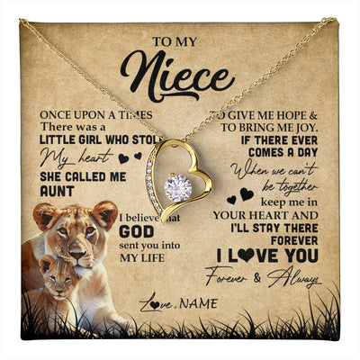 Forever Love Necklace 18K Yellow Gold Finish | 1 | Personalized To My Niece Lion Necklace From Aunt Auntie I'll Stay There Forever Niece Birthday Graduation Christmas Customized Gift Box Message Card | teecentury