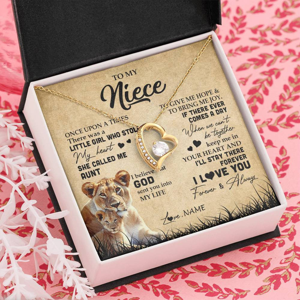 Forever Love Necklace 18K Yellow Gold Finish | Personalized To My Niece Lion Necklace From Aunt Auntie I'll Stay There Forever Niece Birthday Graduation Christmas Customized Gift Box Message Card | teecentury