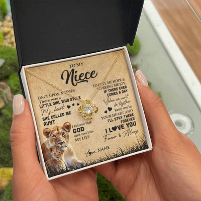 Love Knot Necklace 18K Yellow Gold Finish | Personalized To My Niece Lion Necklace From Aunt Auntie I'll Stay There Forever Niece Birthday Graduation Christmas Customized Gift Box Message Card | teecentury