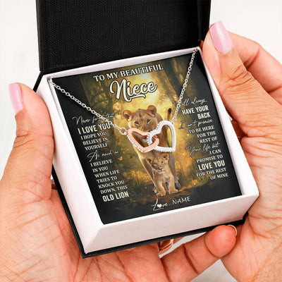 Interlocking Hearts Necklace Stainless Steel & Rose Gold Finish | 2 | Personalized To My Niece Lion Necklace From Aunt Auntie Never Forget That I Love You Niece Birthday Graduation Christmas Customized Gift Box Message Card | teecentury