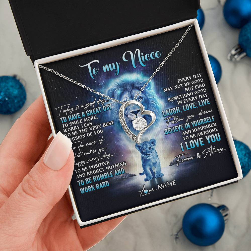 Forever Love Necklace 14K White Gold Finish | 2 | Personalized To My Niece Lion Necklace From Uncle Every Day Laugh Love Live Niece Pendant Birthday Graduation Christmas Customized Gift Box Message Card | teecentury