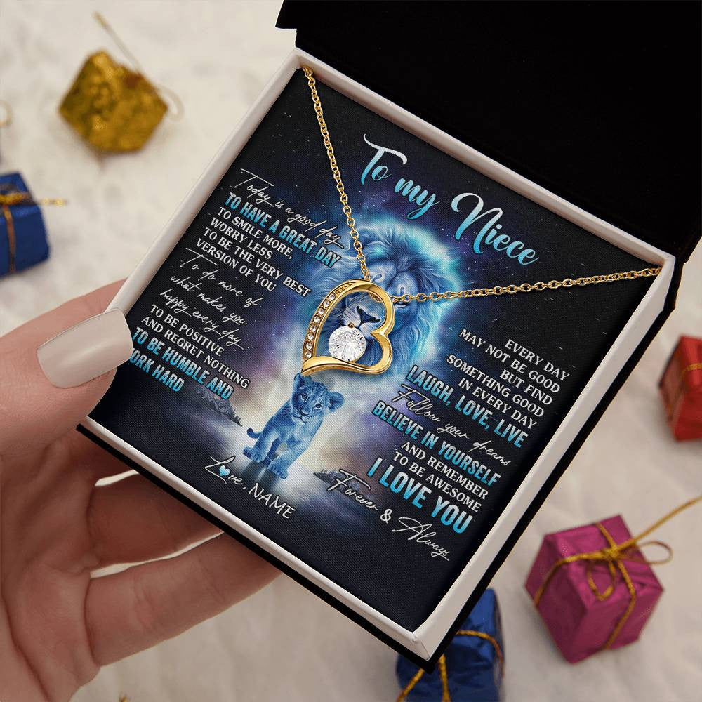 Forever Love Necklace 18K Yellow Gold Finish | 2 | Personalized To My Niece Lion Necklace From Uncle Every Day Laugh Love Live Niece Pendant Birthday Graduation Christmas Customized Gift Box Message Card | teecentury