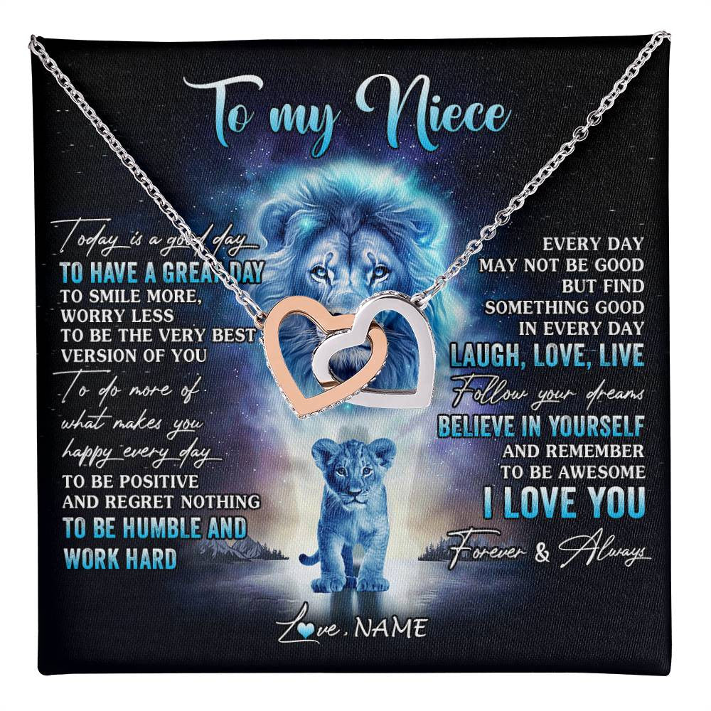 Interlocking Hearts Necklace Stainless Steel & Rose Gold Finish | 1 | Personalized To My Niece Lion Necklace From Uncle Every Day Laugh Love Live Niece Pendant Birthday Graduation Christmas Customized Gift Box Message Card | teecentury