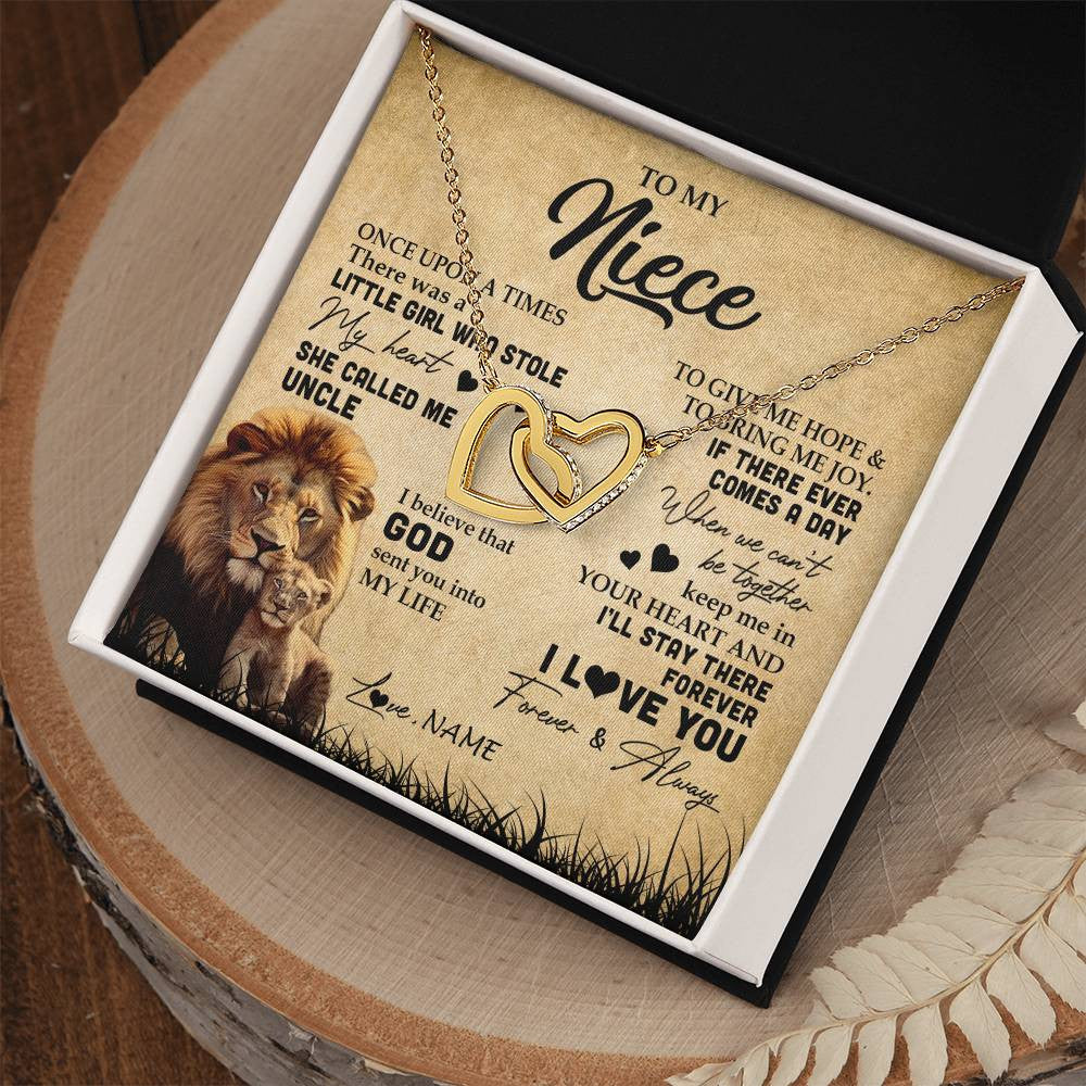 Interlocking Hearts Necklace 18K Yellow Gold Finish | Personalized To My Niece Lion Necklace From Uncle I'll Stay There Forever Niece Birthday Graduation Christmas Customized Gift Box Message Card | teecentury