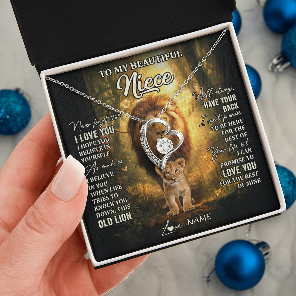 Forever Love Necklace 14K White Gold Finish | 2 | Personalized To My Niece Lion Necklace From Uncle Never Forget That I Love You Niece Birthday Gifts Graduation Christmas Customized Gift Box Message Card | teecentury