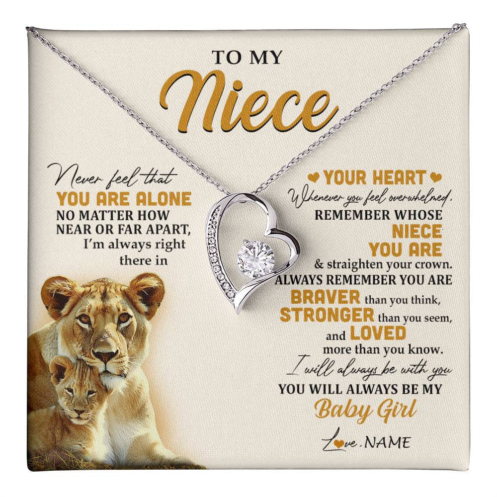 Forever Love Necklace 14K White Gold Finish | 1 | Personalized To My Niece Necklace From Aunt Auntie Lion Never Feel That You Are Alone Great Niece Birthday Christmas Customized Gift Box Message Card | teecentury