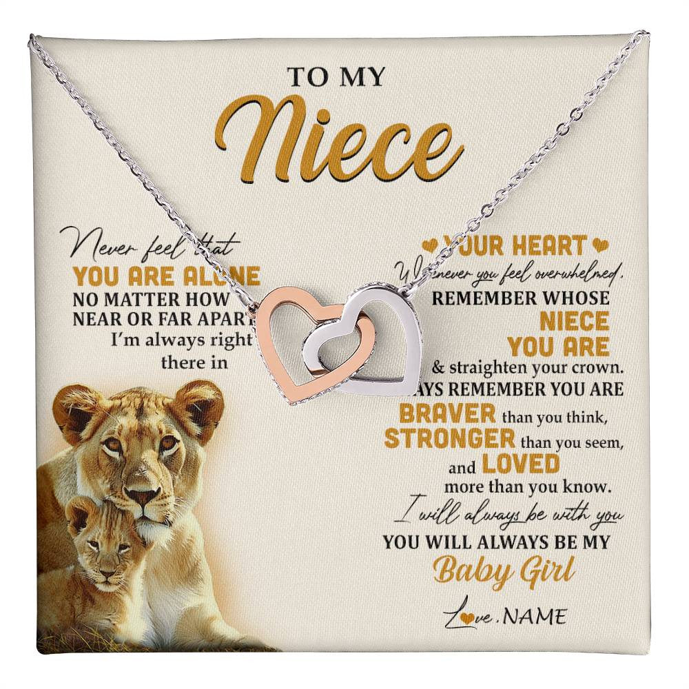 Interlocking Hearts Necklace Stainless Steel & Rose Gold Finish | 1 | Personalized To My Niece Necklace From Aunt Auntie Lion Never Feel That You Are Alone Great Niece Birthday Christmas Customized Gift Box Message Card | teecentury