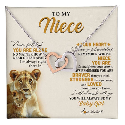 Interlocking Hearts Necklace Stainless Steel & Rose Gold Finish | 1 | Personalized To My Niece Necklace From Aunt Auntie Lion Never Feel That You Are Alone Great Niece Birthday Christmas Customized Gift Box Message Card | teecentury