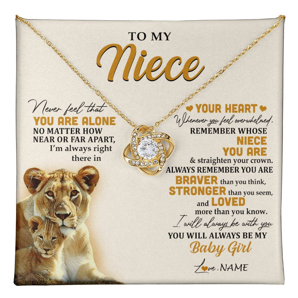 Love Knot Necklace 18K Yellow Gold Finish | 1 | Personalized To My Niece Necklace From Aunt Auntie Lion Never Feel That You Are Alone Great Niece Birthday Christmas Customized Gift Box Message Card | teecentury