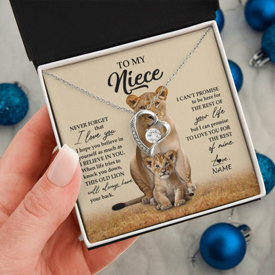 Forever Love Necklace 14K White Gold Finish | 2 | Personalized To My Niece Necklace From Aunt Auntie Lion Never Forget That I Love You Niece Jewelry Birthday Graduation Christmas Customized Message Card | teecentury