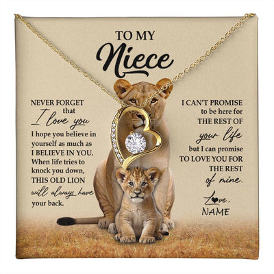 Forever Love Necklace 18K Yellow Gold Finish | 1 | Personalized To My Niece Necklace From Aunt Auntie Lion Never Forget That I Love You Niece Jewelry Birthday Graduation Christmas Customized Message Card | teecentury