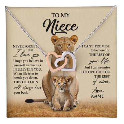 Interlocking Hearts Necklace Stainless Steel & Rose Gold Finish | 1 | Personalized To My Niece Necklace From Aunt Auntie Lion Never Forget That I Love You Niece Jewelry Birthday Graduation Christmas Customized Message Card | teecentury