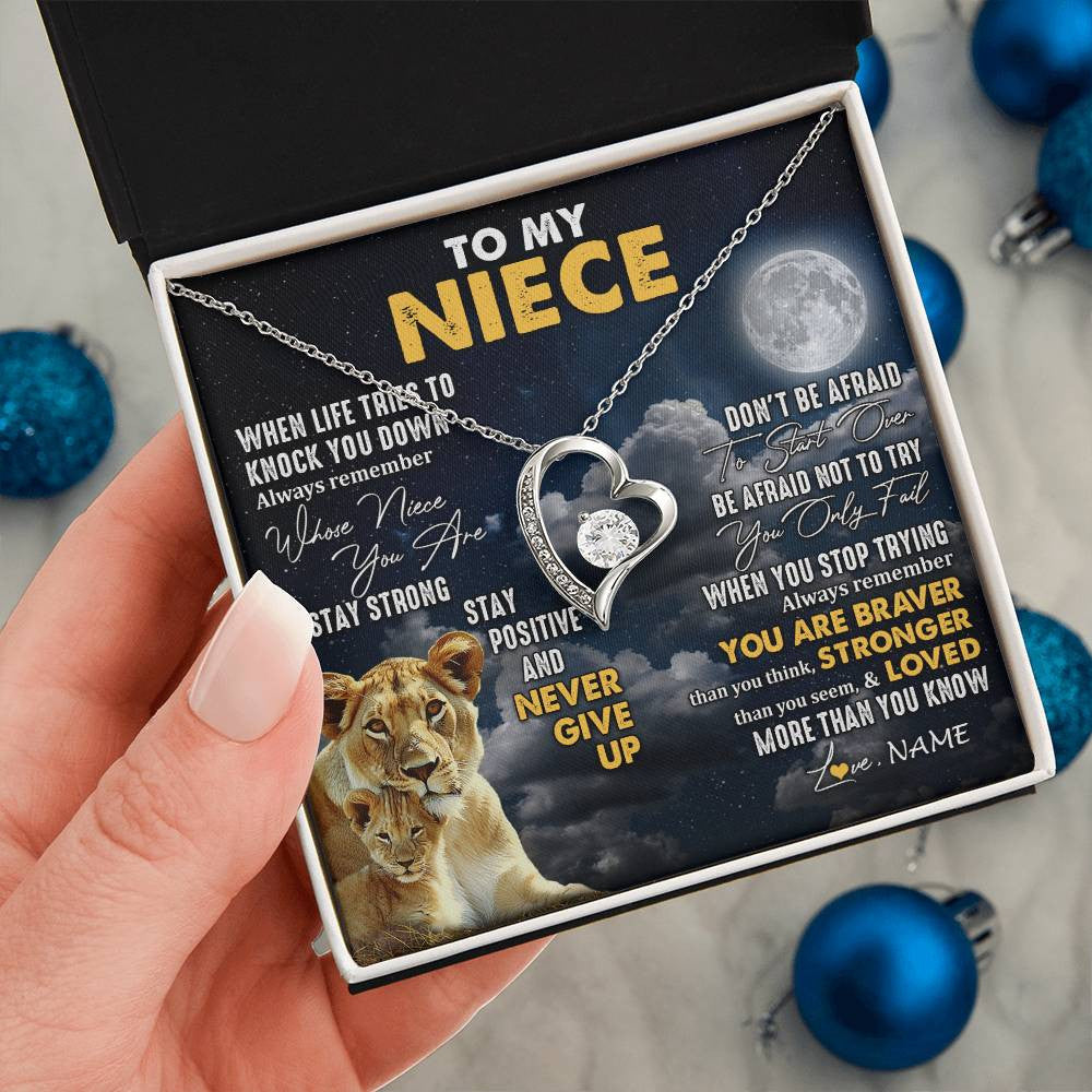 Forever Love Necklace 14K White Gold Finish | 2 | Personalized To My Niece Necklace From Aunt Auntie Lion Never Give Up Niece Birthday Graduation Christmas Jewelry Customized Gift Box Message Card | teecentury