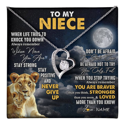 Forever Love Necklace 14K White Gold Finish | 1 | Personalized To My Niece Necklace From Aunt Auntie Lion Never Give Up Niece Birthday Graduation Christmas Jewelry Customized Gift Box Message Card | teecentury