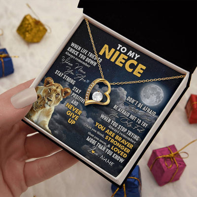Forever Love Necklace 18K Yellow Gold Finish | 2 | Personalized To My Niece Necklace From Aunt Auntie Lion Never Give Up Niece Birthday Graduation Christmas Jewelry Customized Gift Box Message Card | teecentury