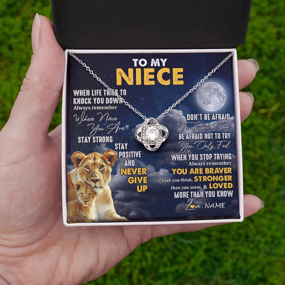 Love Knot Necklace 14K White Gold Finish | 2 | Personalized To My Niece Necklace From Aunt Auntie Lion Never Give Up Niece Birthday Graduation Christmas Jewelry Customized Gift Box Message Card | teecentury