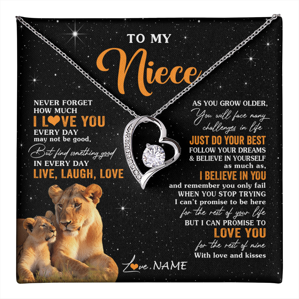 Forever Love Necklace 14K White Gold Finish | 1 | Personalized To My Niece Necklace From Aunt Auntie Live Laugh Love Lion Niece Birthday Gifts Positive Graduation Christmas Customized Gift Box Message Card | teecentury