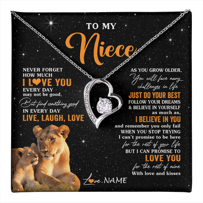 Forever Love Necklace 14K White Gold Finish | 1 | Personalized To My Niece Necklace From Aunt Auntie Live Laugh Love Lion Niece Birthday Gifts Positive Graduation Christmas Customized Gift Box Message Card | teecentury