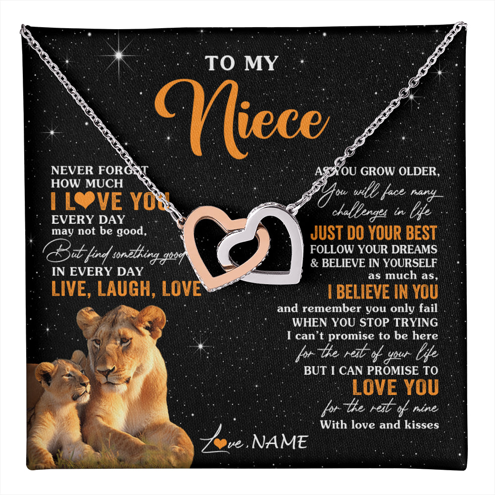 Interlocking Hearts Necklace Stainless Steel & Rose Gold Finish | 1 | Personalized To My Niece Necklace From Aunt Auntie Live Laugh Love Lion Niece Birthday Gifts Positive Graduation Christmas Customized Gift Box Message Card | teecentury