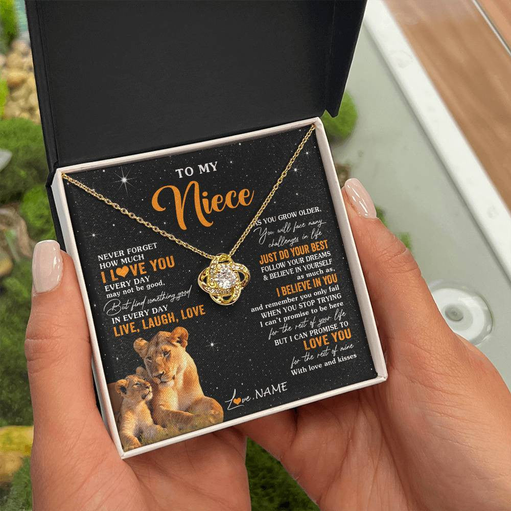 Love Knot Necklace 18K Yellow Gold Finish | 2 | Personalized To My Niece Necklace From Aunt Auntie Live Laugh Love Lion Niece Birthday Gifts Positive Graduation Christmas Customized Gift Box Message Card | teecentury