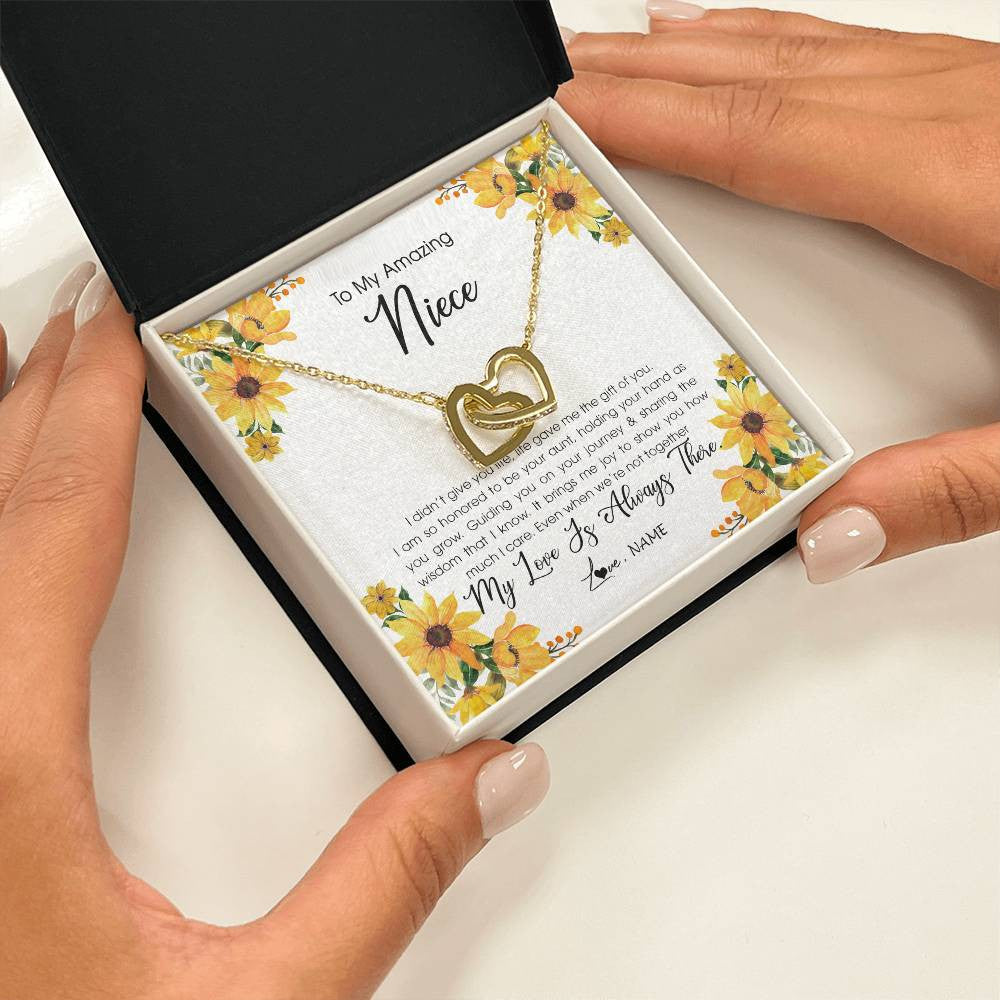 Interlocking Hearts Necklace 18K Yellow Gold Finish | Personalized To My Niece Necklace From Aunt Auntie My Love Is Always There Niece Birthday Christmas Graduation Customized Gift Box Message Card | teecentury