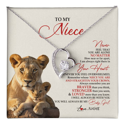 Forever Love Necklace 14K White Gold Finish | 1 | Personalized To My Niece Necklace From Aunt Auntie Never Feel You Are Alone Lion Niece Birthday Graduation Christmas Customized Gift Box Message Card | teecentury