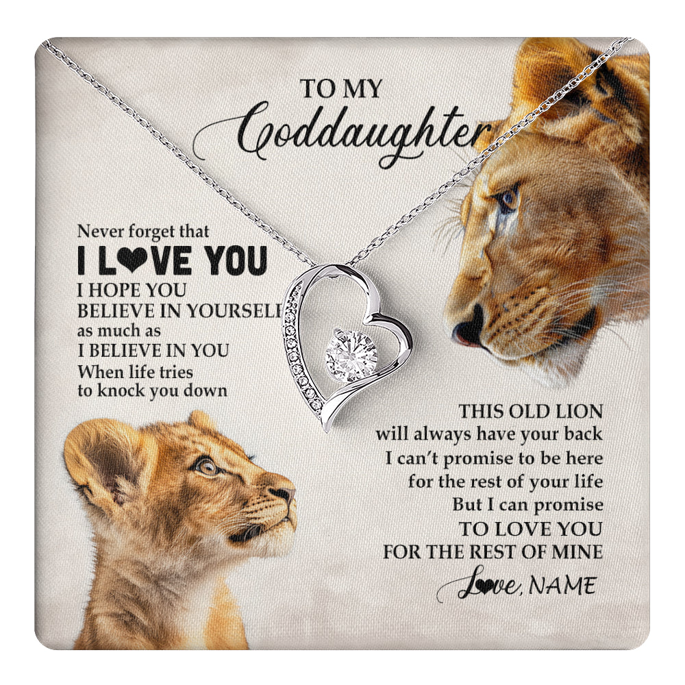 Forever Love Necklace 14K White Gold Finish | 1 | Personalized To My Niece Necklace From Aunt Auntie Never Forget I Love You Lion Niece Birthday Graduation Christmas Customized Message Card | teecentury