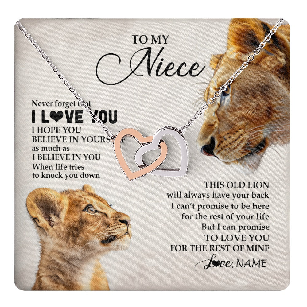 Interlocking Hearts Necklace Stainless Steel & Rose Gold Finish | 1 | Personalized To My Niece Necklace From Aunt Auntie Never Forget I Love You Lion Niece Birthday Graduation Christmas Customized Message Card | https://teecentury.