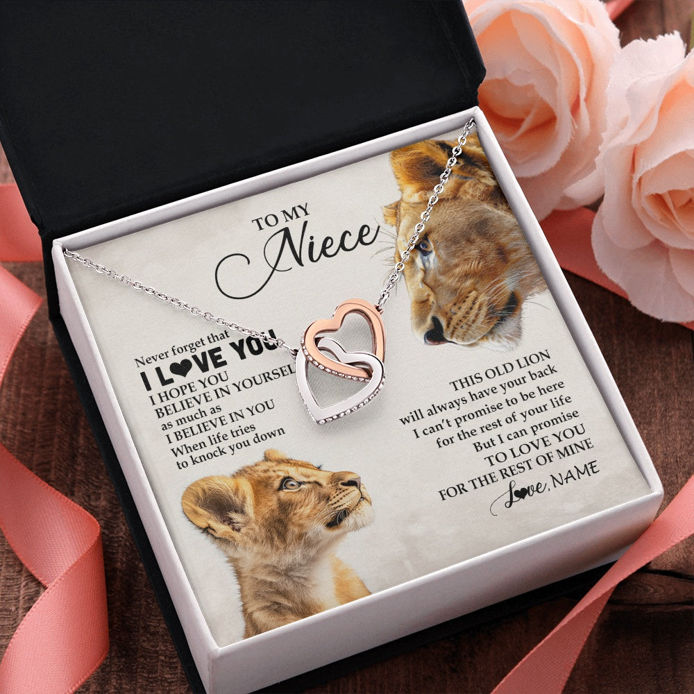 Interlocking Hearts Necklace Stainless Steel & Rose Gold Finish | 2 | Personalized To My Niece Necklace From Aunt Auntie Never Forget I Love You Lion Niece Birthday Graduation Christmas Customized Message Card | https://teecentury.